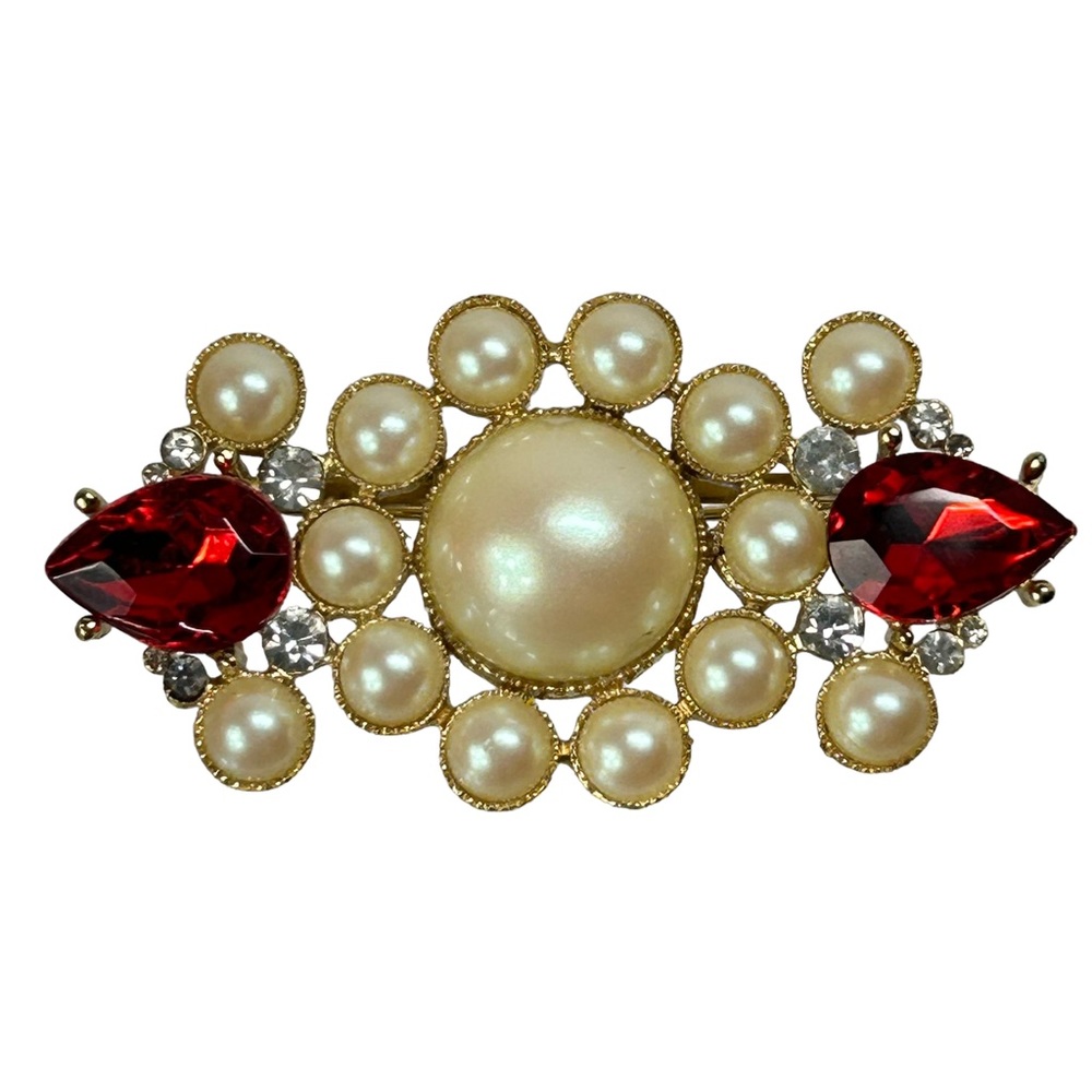Vintage Gold Tone Faux Pearl Rhinestone Richelieu Signed Bar Brooch